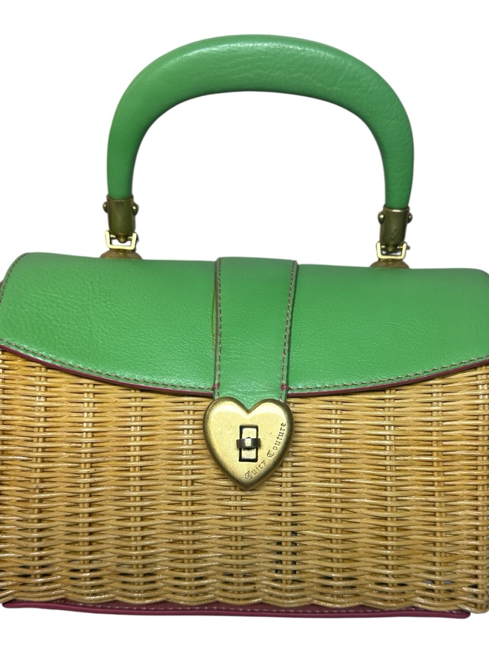 Juicy Couture Green Leather-Trim Wicker Satchel with Gold Heart Lock
